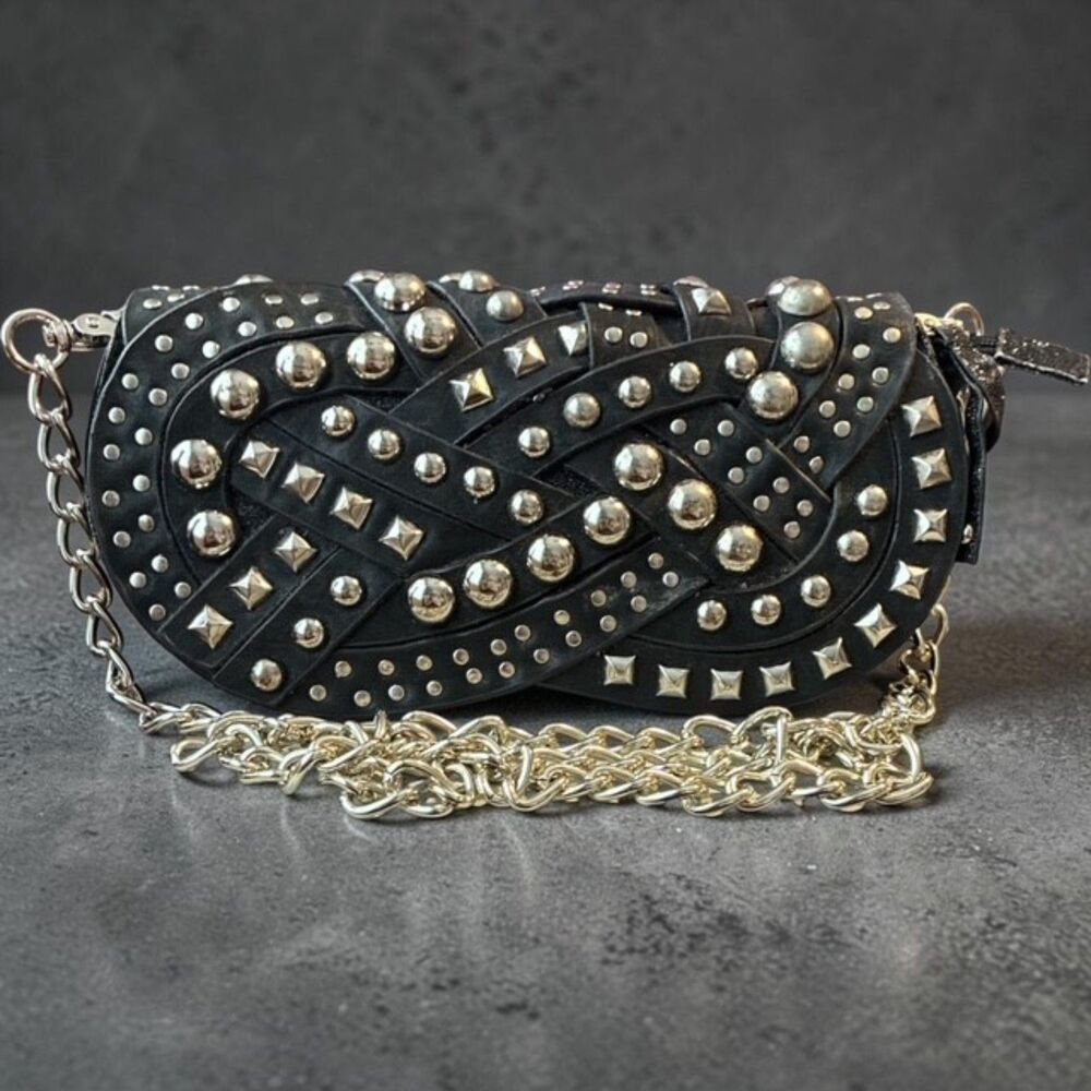 Nicole Lee USA Black Studded Crossbody Bag Woven Suede Leather Chain Clutch EUC - Picture 1 of 4